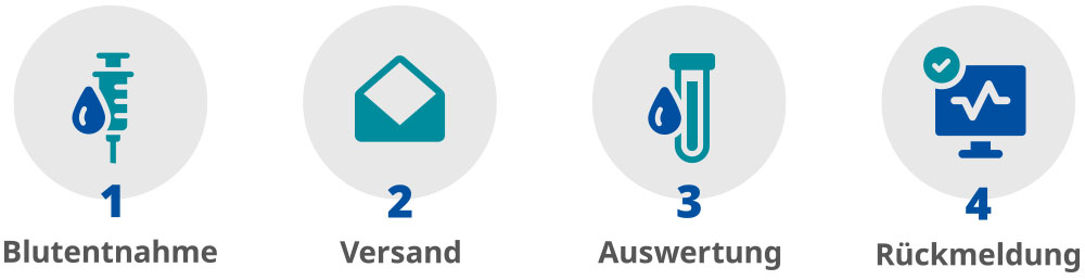 Proteomis-Profil – Ablauf – In wenigen Schritten zum aussagekräftigen Ergebnis: 1 Blutentnahme 2 Versand 3 Auswertung 4 Rückmeldung